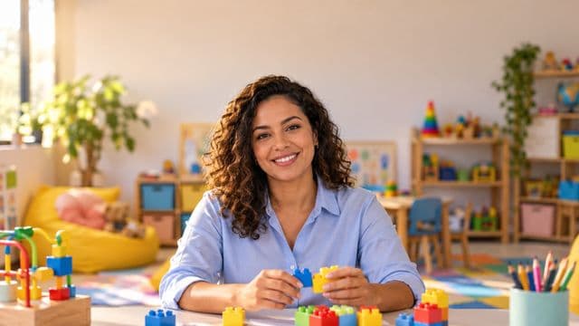 Psicopedagoga sorrindo, com camisa azul-clara, segurando blocos de montar coloridos, em uma sala de atendimento infantil colorida e organizada, com brinquedos pedagógicos