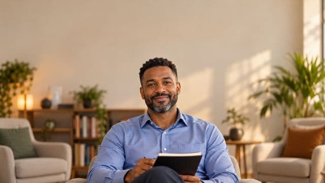 Psicólogo sorrindo, com camisa social azul, sem gravata, segurando um caderno de anotações, em um consultório de psicologia aconchegante com poltronas e plantas