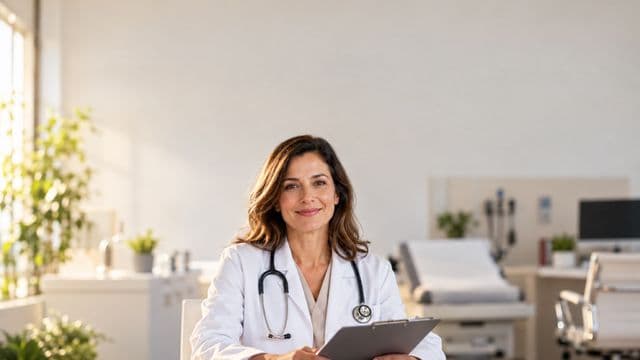 Médica sorrindo, com jaleco branco e estetoscópio, segurando uma prancheta, em um consultório médico moderno e bem iluminado