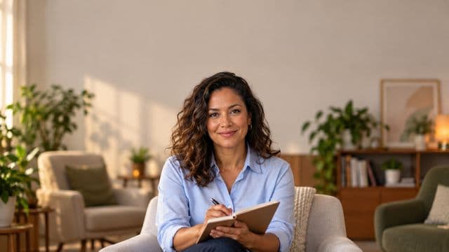 Psicóloga sorrindo, com camisa social azul, sem gravata, segurando um caderno de anotações, em um consultório de psicologia aconchegante com poltronas e plantas