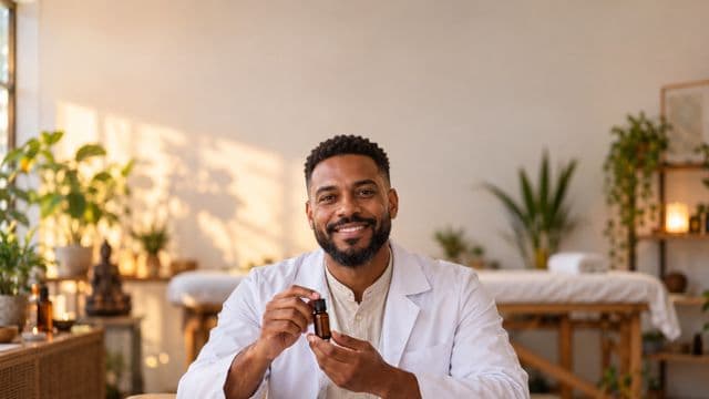 Terapeuta integrativo sorrindo, com jaleco branco, segurando um frasco de óleo essencial, em uma sala de terapia serena com maca e plantas