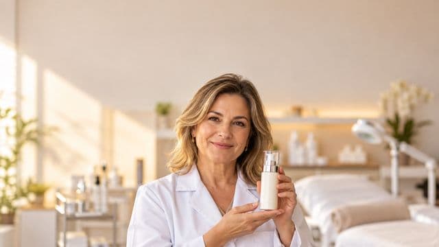 Profissional de estética sorrindo, com jaleco branco, segurando um frasco de cosmético sem rótulo, em uma clínica de estética clara e sofisticada