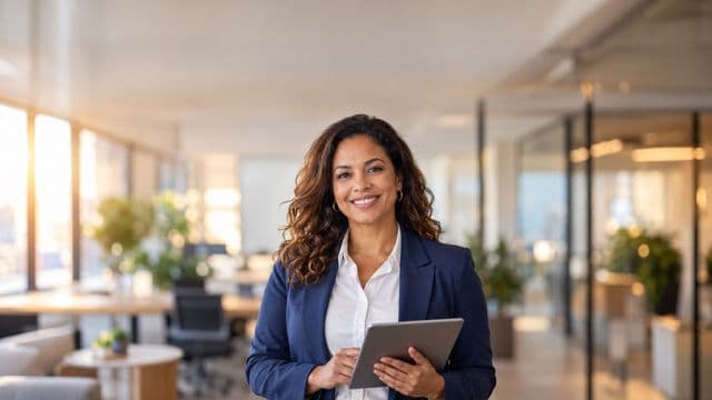 Profissional sorrindo, com blazer azul sobre camisa branca, segurando um tablet, em um escritório moderno e bem iluminado