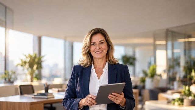 Profissional sorrindo, com blazer azul sobre camisa branca, segurando um tablet, em um escritório moderno e bem iluminado