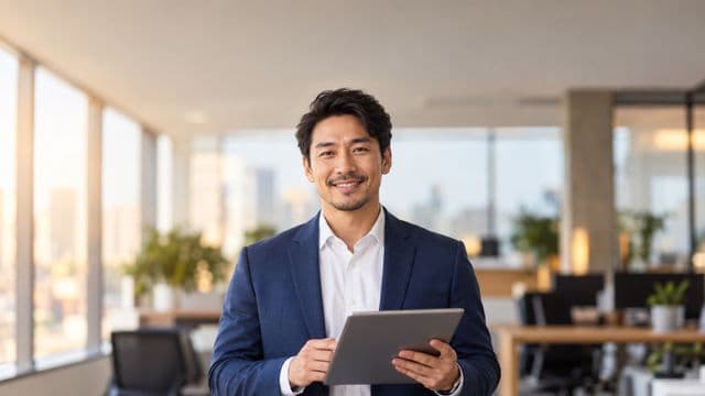 Profissional sorrindo, com blazer azul sobre camisa branca, segurando um tablet, em um escritório moderno e bem iluminado