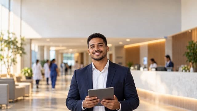 Gestor hospitalar sorrindo, com blazer azul-marinho sobre camisa branca, segurando um tablet, em a recepção de um hospital moderno