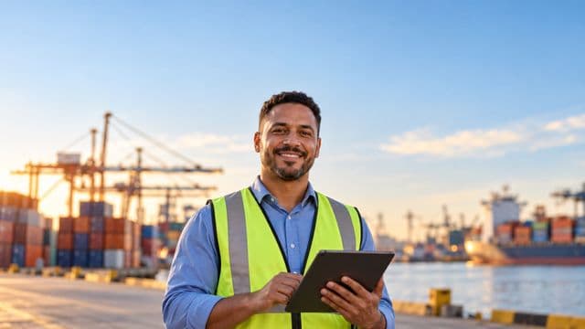 Analista de comércio exterior sorrindo, com camisa social azul e colete refletivo, segurando um tablet, em um porto com contêineres coloridos empilhados
