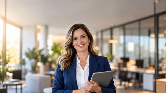 Profissional sorrindo, com blazer azul sobre camisa branca, segurando um tablet, em um escritório moderno e bem iluminado