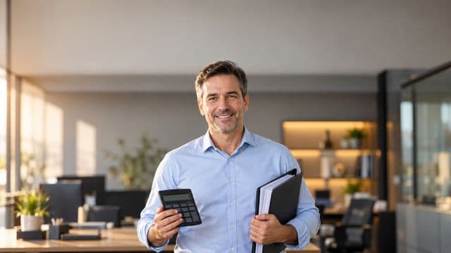 Contador sorrindo, com camisa social azul-clara, segurando uma calculadora e uma pasta de documentos, em um escritório contábil moderno