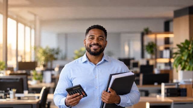 Contador sorrindo, com camisa social azul-clara, segurando uma calculadora e uma pasta de documentos, em um escritório contábil moderno