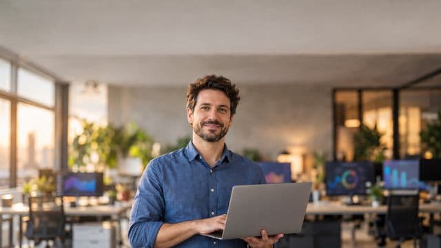 Cientista de dados sorrindo, com camisa casual azul, segurando um notebook aberto, em um escritório de tecnologia moderno com telas de gráficos desfocadas