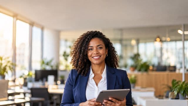 Profissional sorrindo, com blazer azul sobre camisa branca, segurando um tablet, em um escritório moderno e bem iluminado
