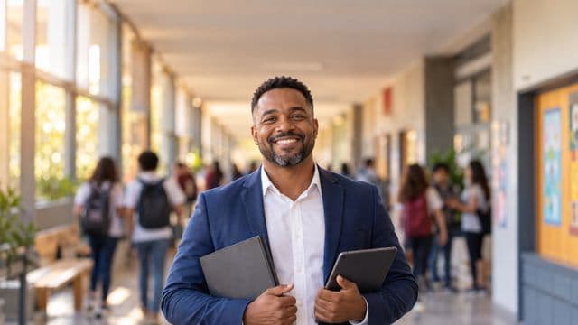 Gestor escolar sorrindo, com blazer azul sobre camisa branca, segurando uma pasta e um tablet, em o corredor de uma escola moderna com alunos desfocados