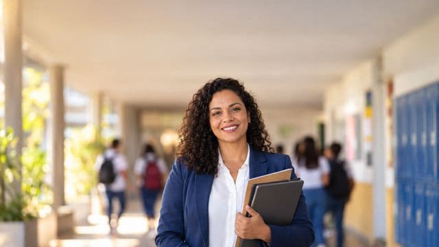Gestora escolar sorrindo, com blazer azul sobre camisa branca, segurando uma pasta e um tablet, em o corredor de uma escola moderna com alunos desfocados