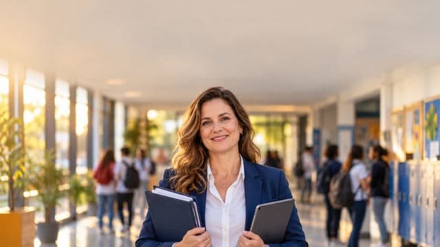 Gestora escolar sorrindo, com blazer azul sobre camisa branca, segurando uma pasta e um tablet, em o corredor de uma escola moderna com alunos desfocados