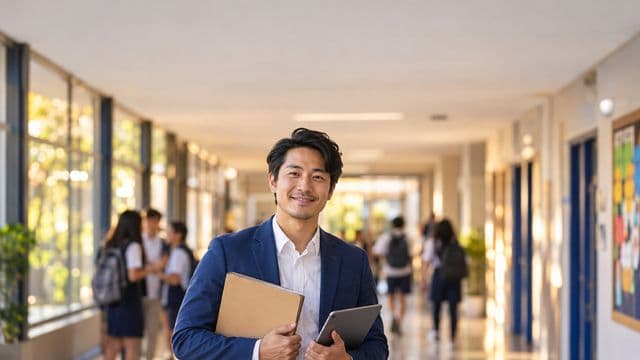 Gestor escolar sorrindo, com blazer azul sobre camisa branca, segurando uma pasta e um tablet, em o corredor de uma escola moderna com alunos desfocados