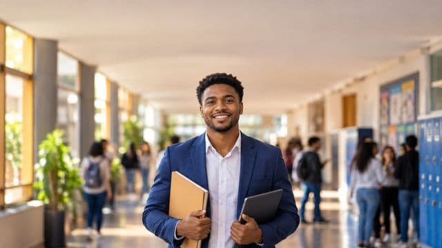 Gestor escolar sorrindo, com blazer azul sobre camisa branca, segurando uma pasta e um tablet, em o corredor de uma escola moderna com alunos desfocados