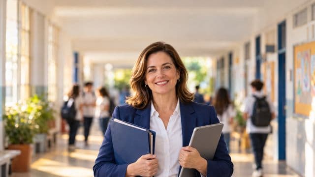 Gestora escolar sorrindo, com blazer azul sobre camisa branca, segurando uma pasta e um tablet, em o corredor de uma escola moderna com alunos desfocados