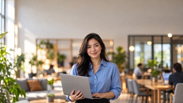 Empreendedora sorrindo, com camisa social azul com as mangas dobradas, segurando um notebook, em um espaço de coworking moderno e iluminado