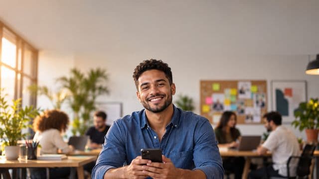 Profissional de marketing sorrindo, com camisa casual azul, segurando um smartphone, em uma agência criativa moderna com equipe desfocada e quadros de ideias