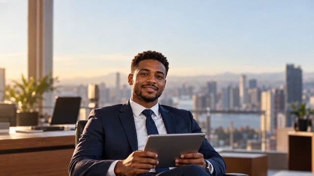 Analista financeiro sorrindo, com terno azul-marinho, segurando um tablet, em um escritório corporativo com vista para a cidade