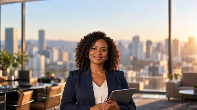 Analista financeira sorrindo, com terno azul-marinho, segurando um tablet, em um escritório corporativo com vista para a cidade