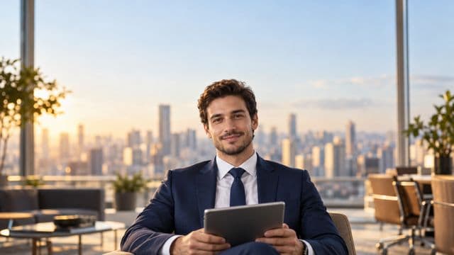 Analista financeiro sorrindo, com terno azul-marinho, segurando um tablet, em um escritório corporativo com vista para a cidade