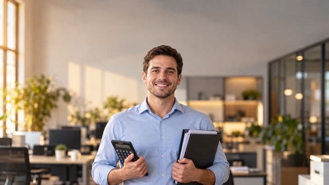 Contador sorrindo, com camisa social azul-clara, segurando uma calculadora e uma pasta de documentos, em um escritório contábil moderno