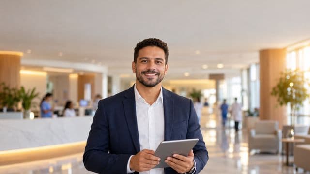 Gestor hospitalar sorrindo, com blazer azul-marinho sobre camisa branca, segurando um tablet, em a recepção de um hospital moderno