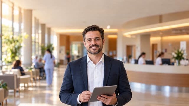 Gestor hospitalar sorrindo, com blazer azul-marinho sobre camisa branca, segurando um tablet, em a recepção de um hospital moderno