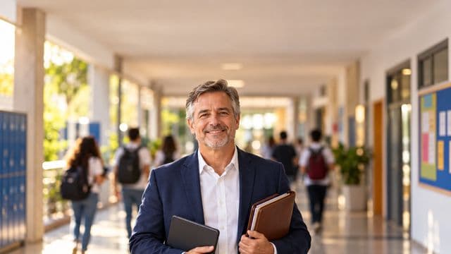Gestor escolar sorrindo, com blazer azul sobre camisa branca, segurando uma pasta e um tablet, em o corredor de uma escola moderna com alunos desfocados