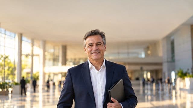 Servidor público sorrindo, com blazer azul-marinho sobre camisa branca, segurando uma pasta, em o saguão amplo de um prédio público moderno