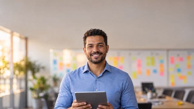 Gerente de projetos sorrindo, com camisa social azul, segurando um tablet, em uma sala de reunião com um quadro de tarefas cheio de post-its coloridos