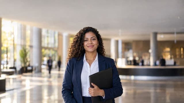 Servidora pública sorrindo, com blazer azul-marinho sobre camisa branca, segurando uma pasta, em o saguão amplo de um prédio público moderno