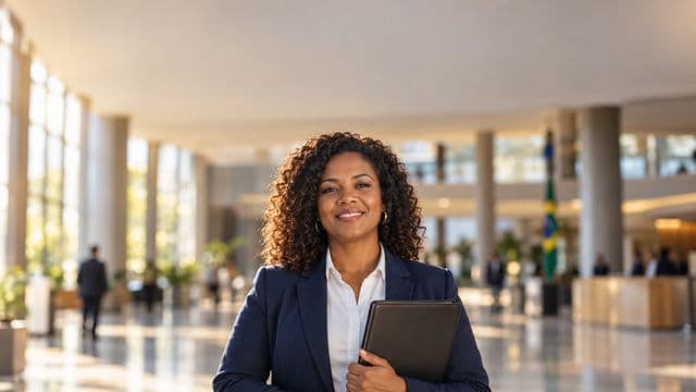 Servidora pública sorrindo, com blazer azul-marinho sobre camisa branca, segurando uma pasta, em o saguão amplo de um prédio público moderno