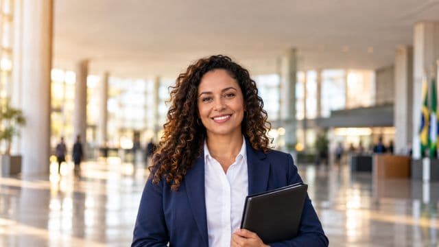 Servidora pública sorrindo, com blazer azul-marinho sobre camisa branca, segurando uma pasta, em o saguão amplo de um prédio público moderno
