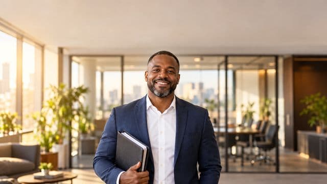 Profissional de recursos humanos sorrindo, com blazer azul sobre camisa branca, segurando uma pasta de documentos, em um escritório moderno com uma sala de reunião envidraçada