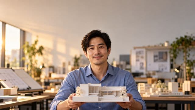 Arquiteto sorrindo, com camisa social azul, segurando uma pequena maquete branca, em um escritório de arquitetura com pranchetas e maquetes