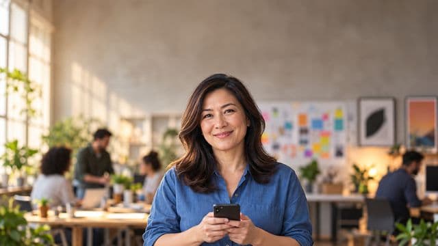 Profissional de marketing sorrindo, com camisa casual azul, segurando um smartphone, em uma agência criativa moderna com equipe desfocada e quadros de ideias