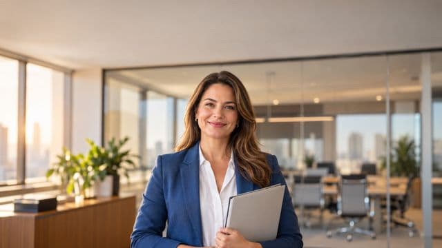Profissional de recursos humanos sorrindo, com blazer azul sobre camisa branca, segurando uma pasta de documentos, em um escritório moderno com uma sala de reunião envidraçada
