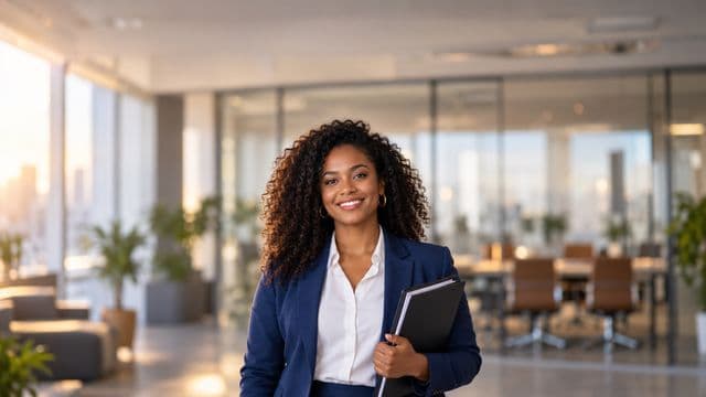 Profissional de recursos humanos sorrindo, com blazer azul sobre camisa branca, segurando uma pasta de documentos, em um escritório moderno com uma sala de reunião envidraçada