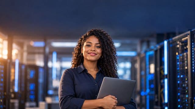 Especialista em segurança da informação sorrindo, com camisa social azul-escura, segurando um notebook, em uma sala de servidores com luzes azuis