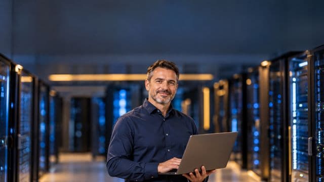 Especialista em segurança da informação sorrindo, com camisa social azul-escura, segurando um notebook, em uma sala de servidores com luzes azuis