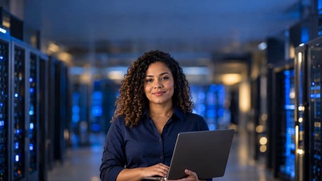 Especialista em segurança da informação sorrindo, com camisa social azul-escura, segurando um notebook, em uma sala de servidores com luzes azuis