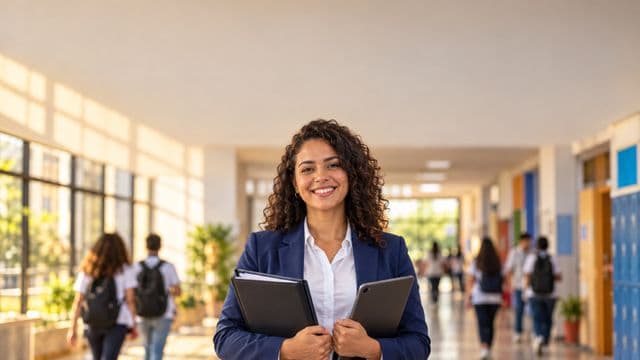 Gestora escolar sorrindo, com blazer azul sobre camisa branca, segurando uma pasta e um tablet, em o corredor de uma escola moderna com alunos desfocados