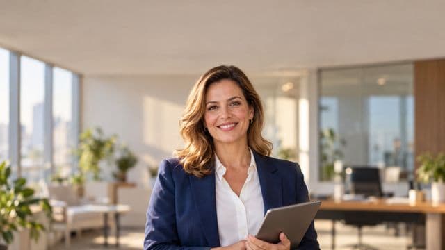 Profissional sorrindo, com blazer azul sobre camisa branca, segurando um tablet, em um escritório moderno e bem iluminado