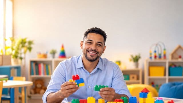 Psicopedagogo sorrindo, com camisa azul-clara, segurando blocos de montar coloridos, em uma sala de atendimento infantil colorida e organizada, com brinquedos pedagógicos