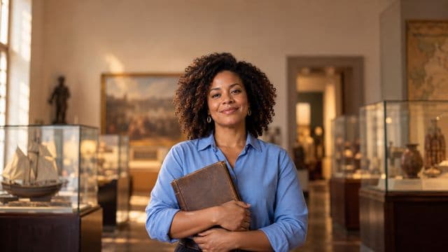 Professora de história sorrindo, com camisa social azul, segurando um livro antigo de capa lisa, em um museu histórico com vitrines desfocadas