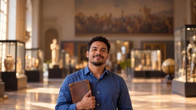 Professor de história sorrindo, com camisa social azul, segurando um livro antigo de capa lisa, em um museu histórico com vitrines desfocadas