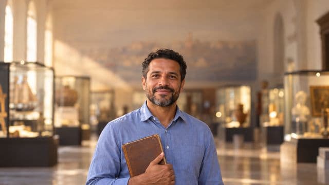 Professor de história sorrindo, com camisa social azul, segurando um livro antigo de capa lisa, em um museu histórico com vitrines desfocadas